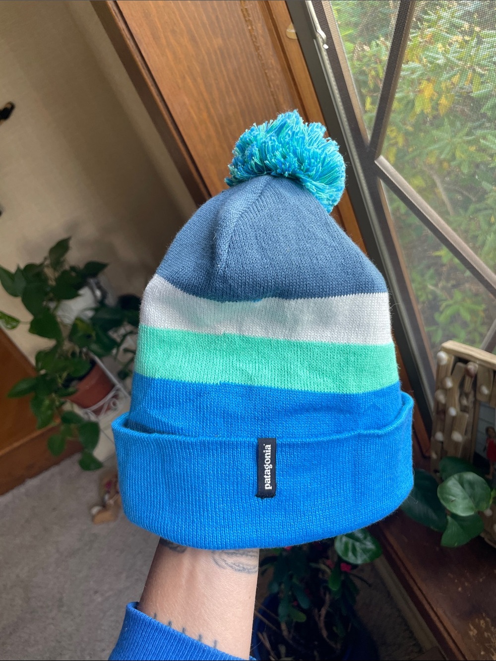 Patagonia Kids Navy, White, Mint & Blue Pom Winter Beanie Hat